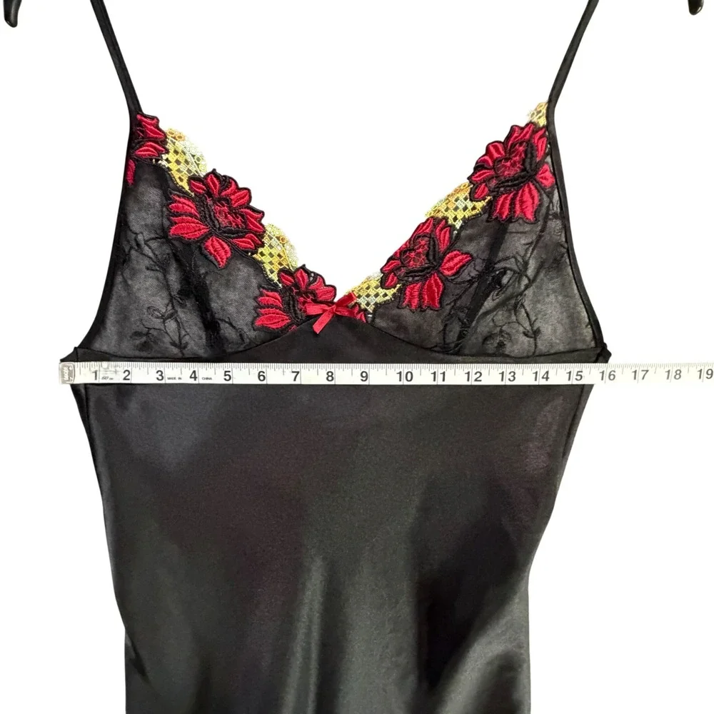 Jasmin Y2K Satin Slip Dress Small Black Red Floral Embroidery Nightwear Lingerie